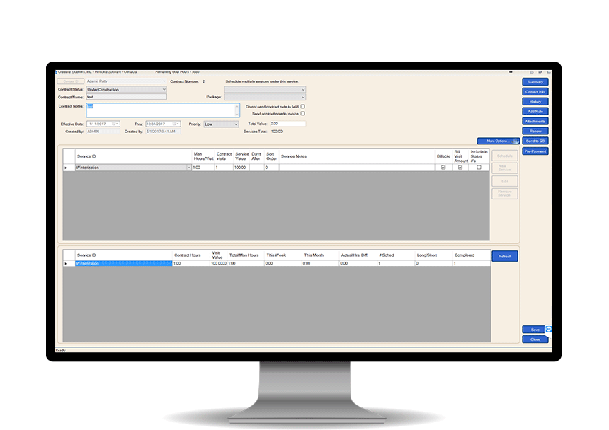 HVAC software on a computer screen, displaying contract management tools.