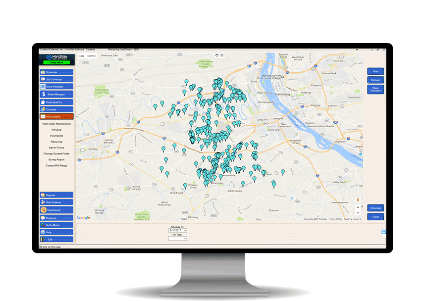 HVAC scheduling and routing software on a computer screen, displaying a map of current jobs.