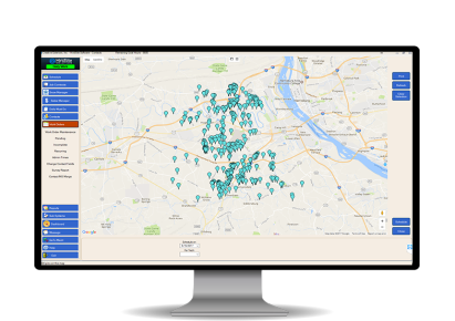 Pool maintenance scheduling and routing software on a computer screen, displaying a map of current jobs.