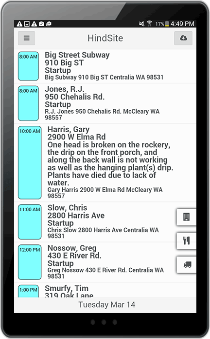 Service scheduling software showing all jobs for the day with detailed notes.